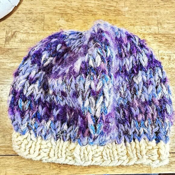 Hand Knit Hat Womens Partridge Studio NC Slouchy Chunky Beret Blues Ivory Tan - Picture 4 of 9